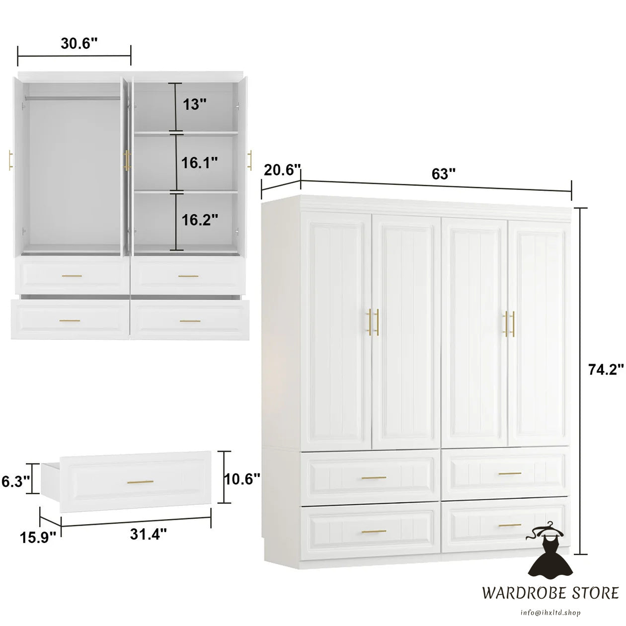 Family Cabinet Wardrobe Bedroom Armoire Home Closet 4 Doors and Drawers