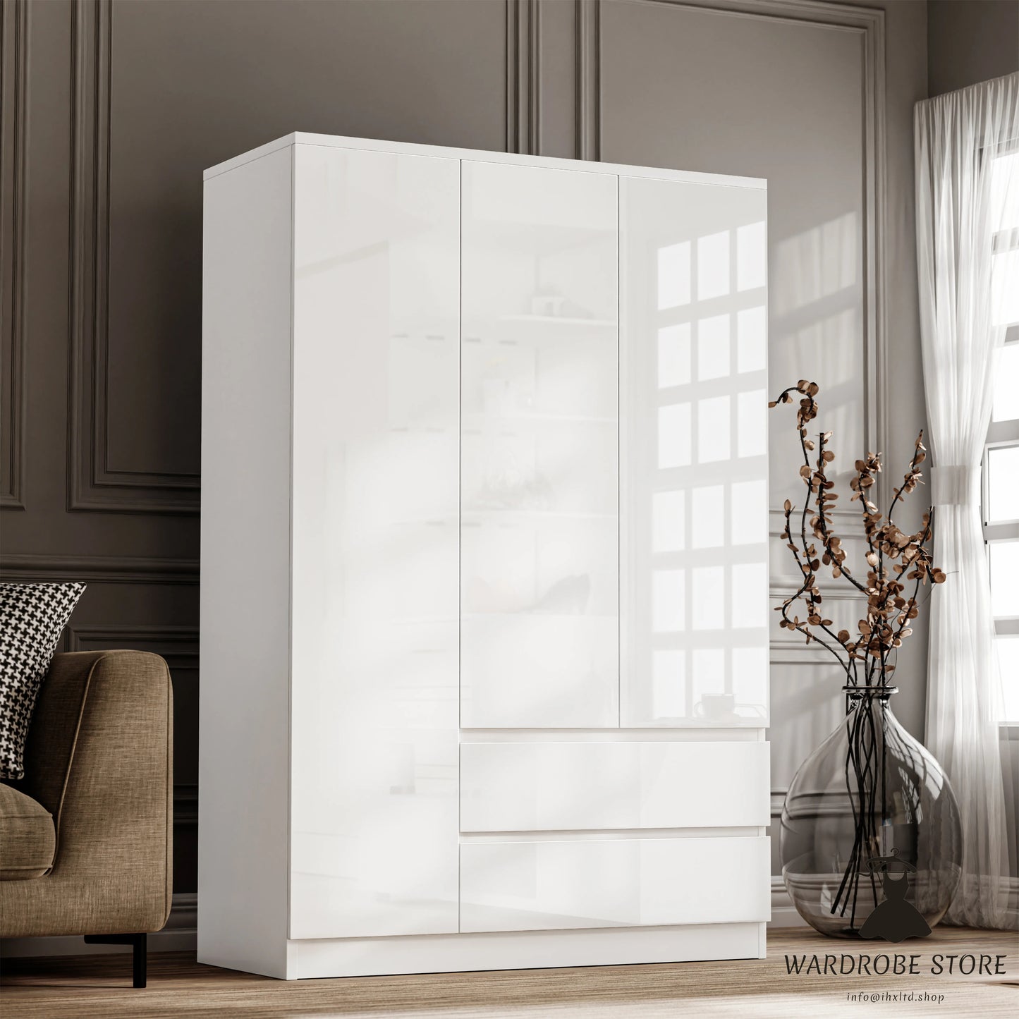 High Gloss Door Wardrobe With Drawers And Shelves
