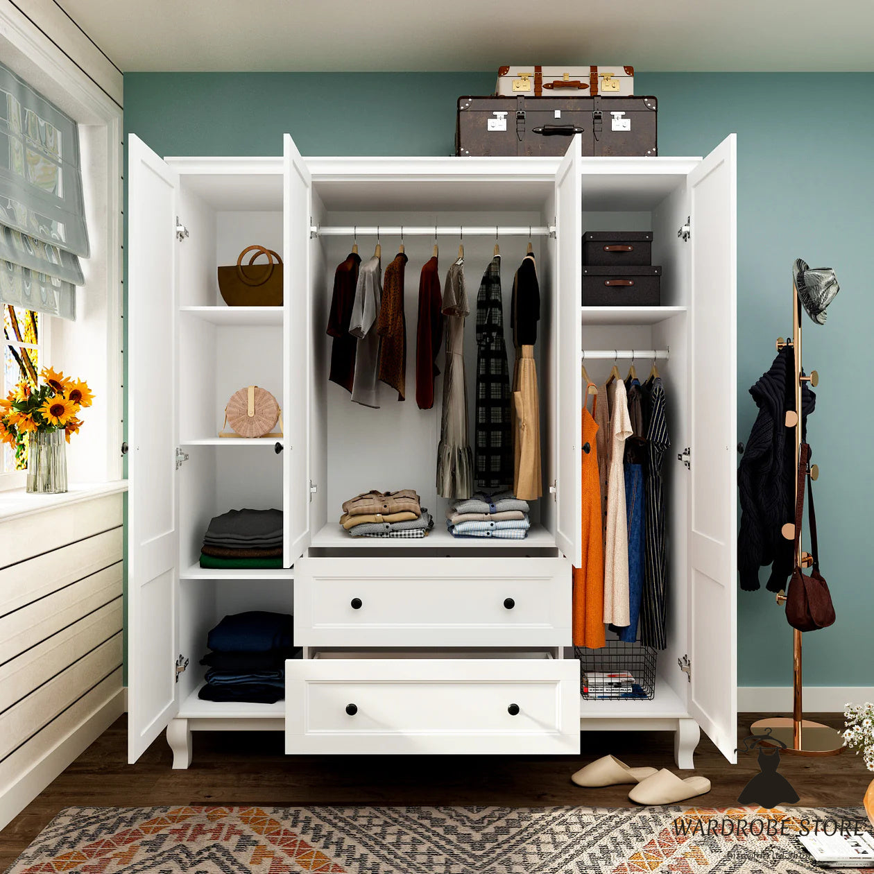 Wardrobe Armoire Garment Rack Closet with Storage Shelves and Drawers in White Finish for Bedroom