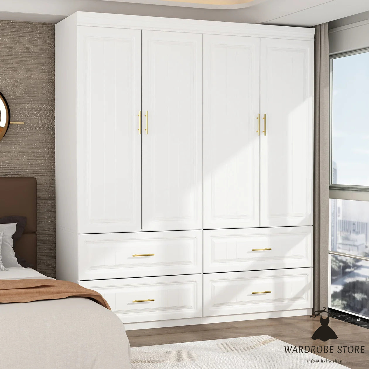 Family Cabinet Wardrobe Bedroom Armoire Home Closet 4 Doors and Drawers