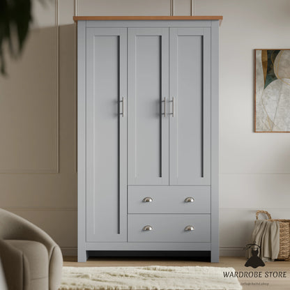 Shaker Triple Wardrobe With Shelves And Drawers
