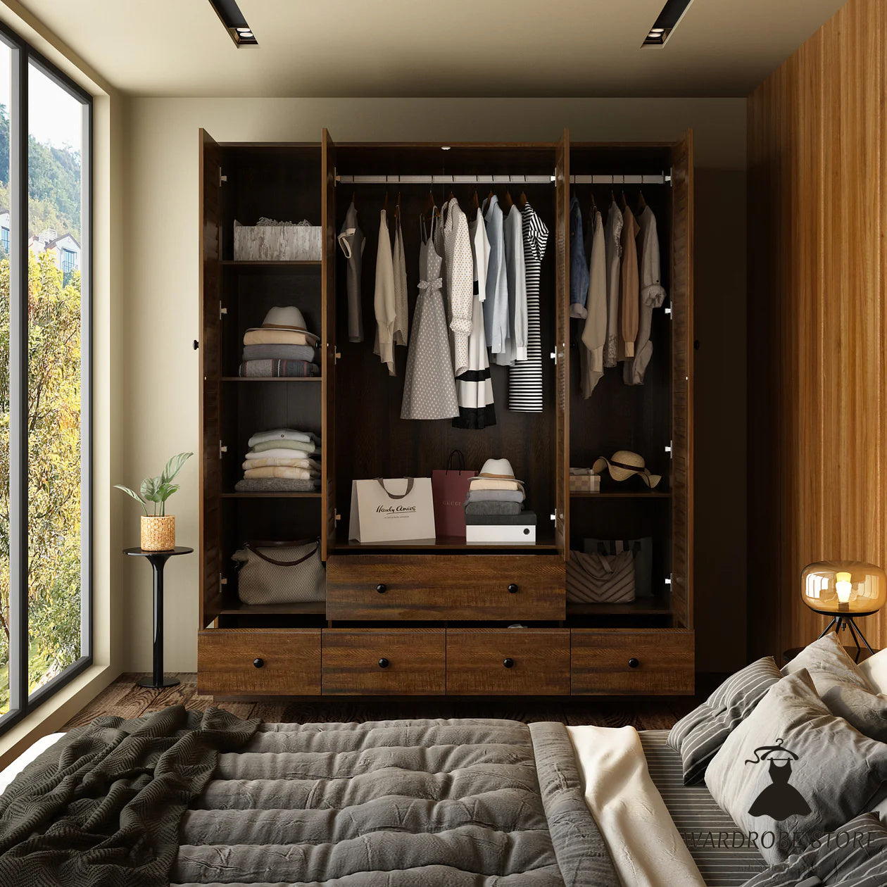 Large Wardrobe Closet Armoire Bedroom Storage Cabinet 4 Doors 5 Drawers