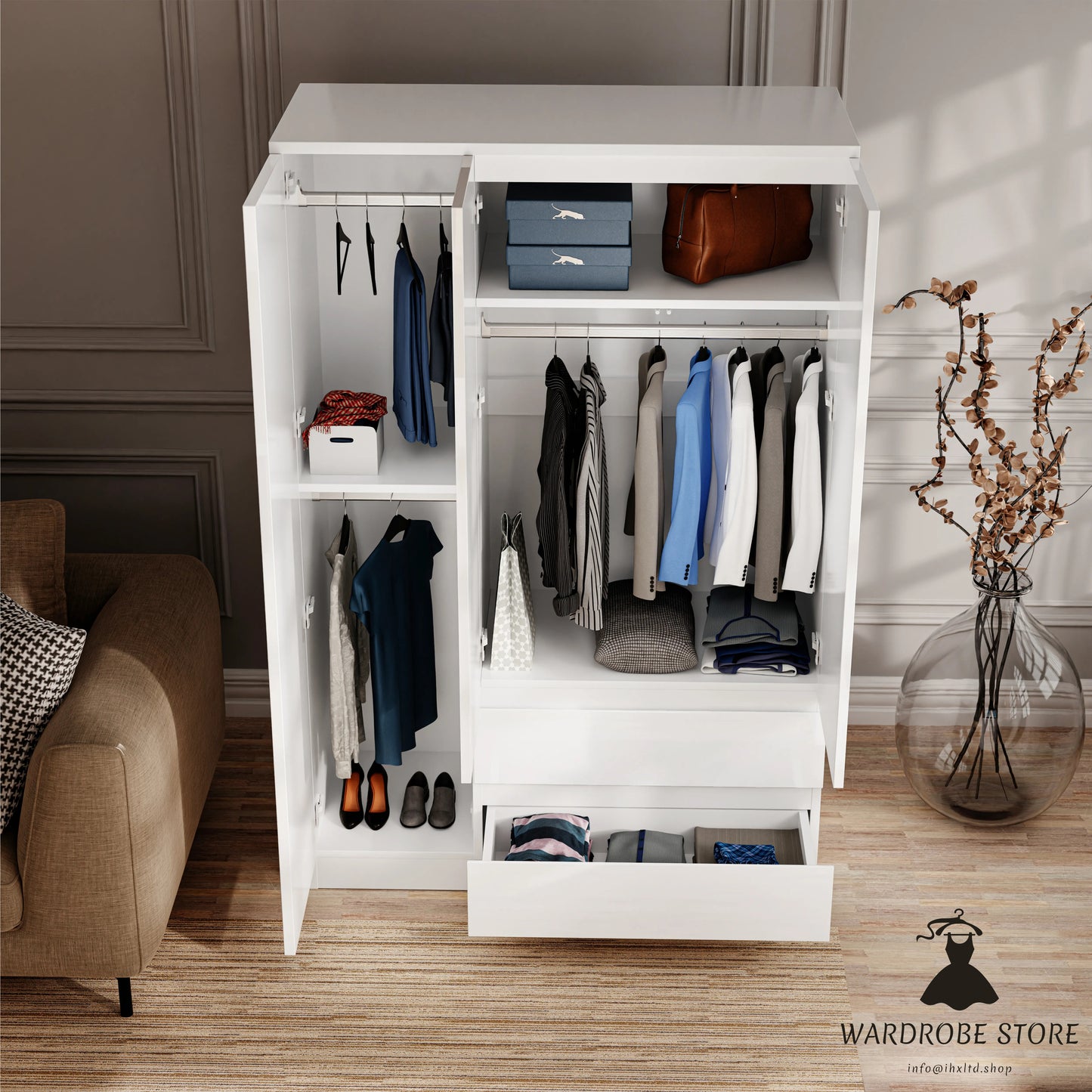 High Gloss Door Wardrobe With Drawers And Shelves