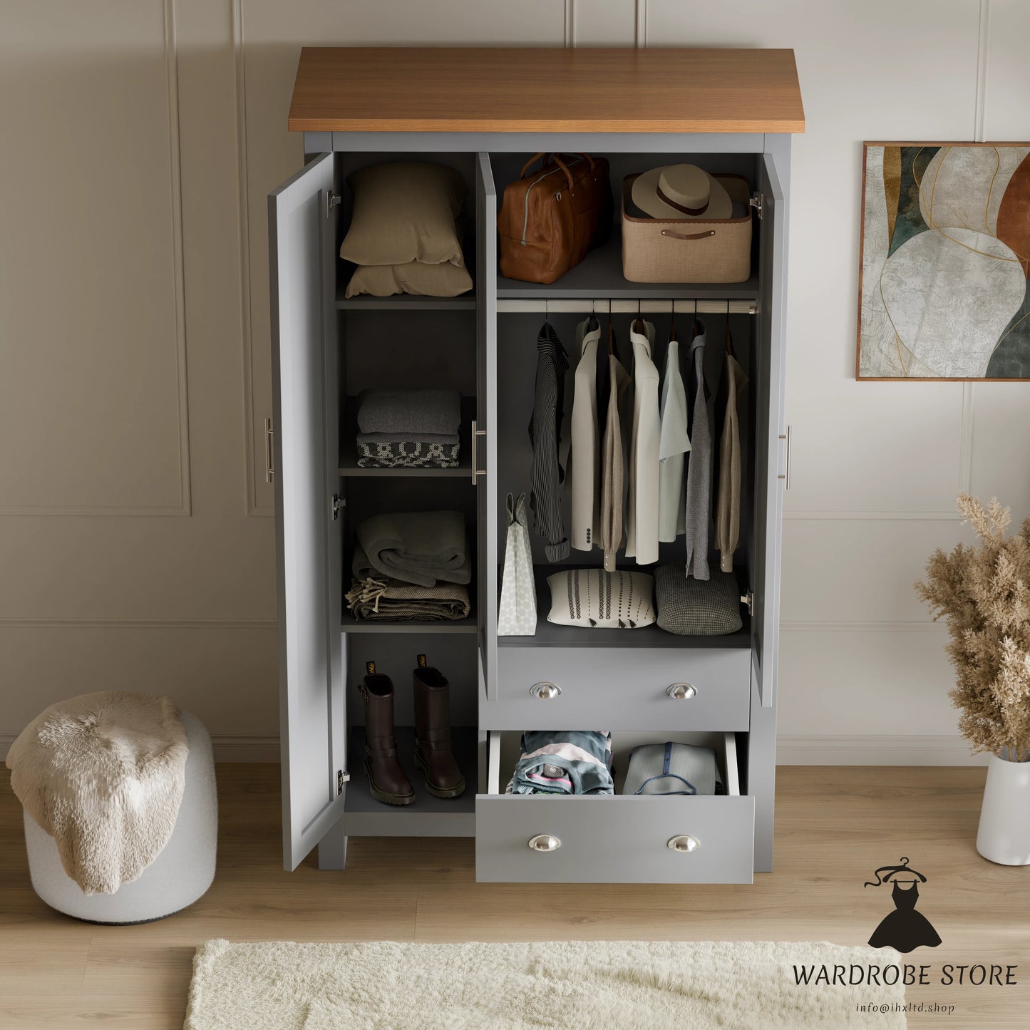 Shaker Triple Wardrobe With Shelves And Drawers