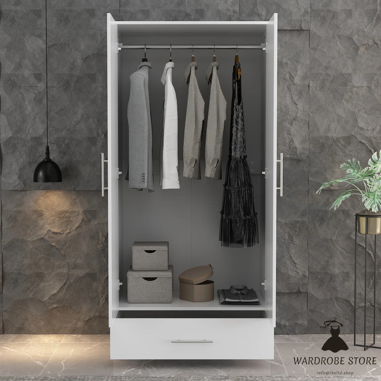 2-Door Wardrobe Cabinet with 1 Drawer Armoire for Bedroom Storage