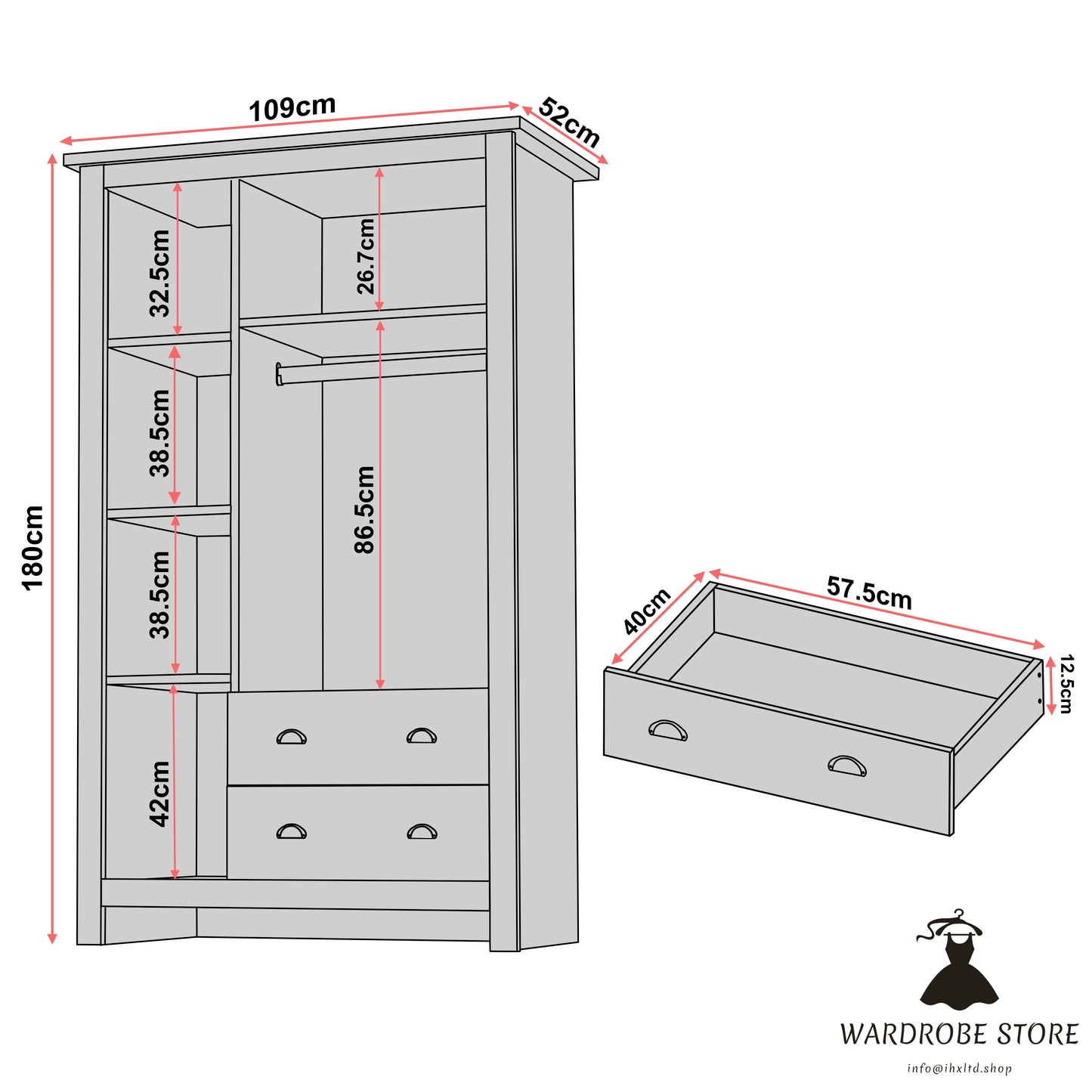 Shaker Triple Wardrobe With Shelves And Drawers
