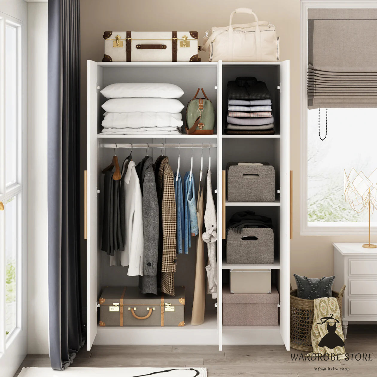 Armoire with Solid Wood Handle 3-Door Large Cabinet for Bedroom