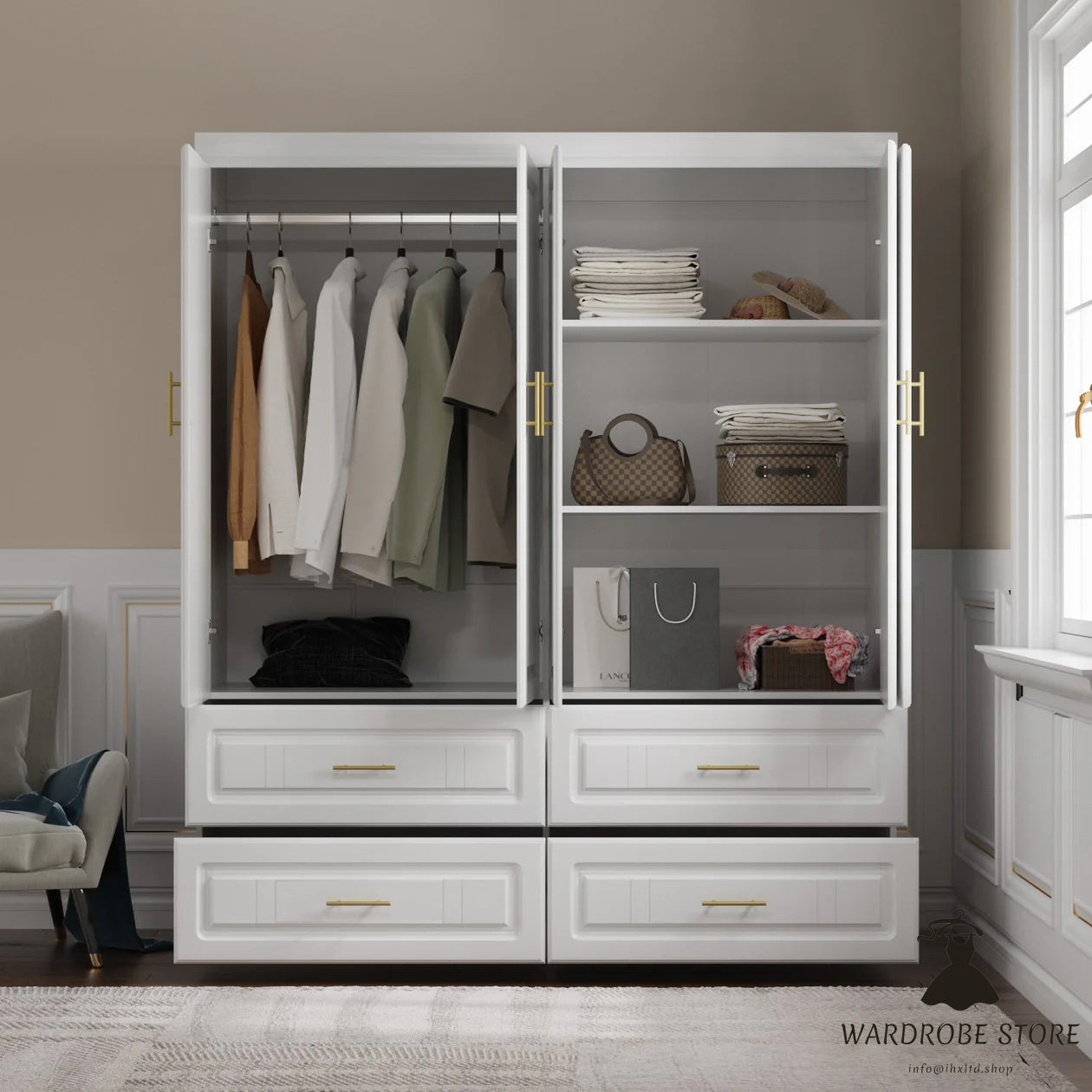 Family Cabinet Wardrobe Bedroom Armoire Home Closet 4 Doors and Drawers