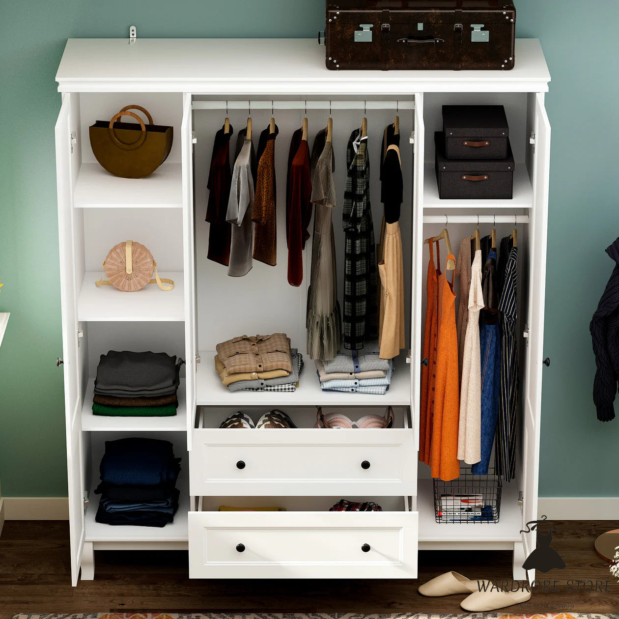 Wardrobe Armoire Garment Rack Closet with Storage Shelves and Drawers in White Finish for Bedroom