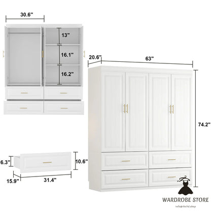 Family Cabinet Wardrobe Bedroom Armoire Home Closet 4 Doors and Drawers