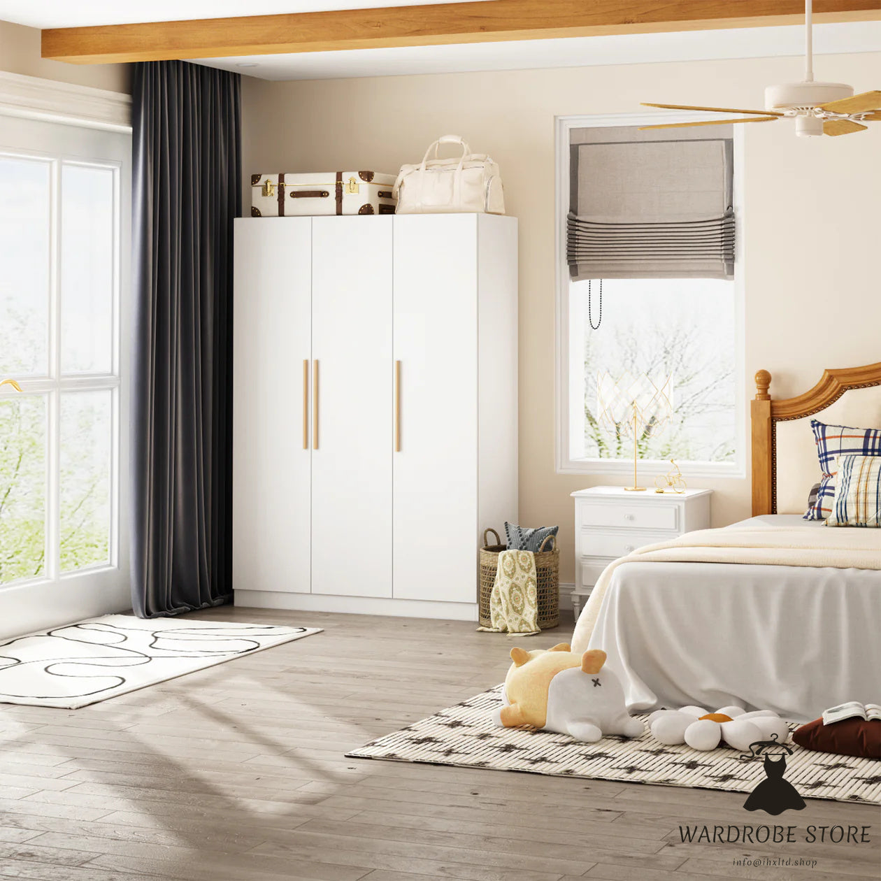 Armoire with Solid Wood Handle 3-Door Large Cabinet for Bedroom