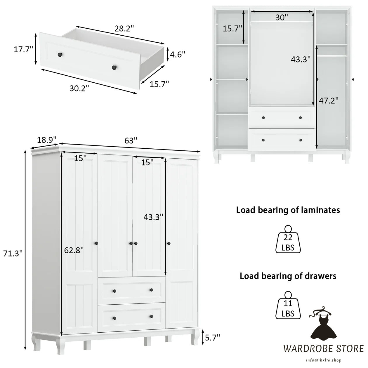 Wardrobe Armoire Garment Rack Closet with Storage Shelves and Drawers in White Finish for Bedroom