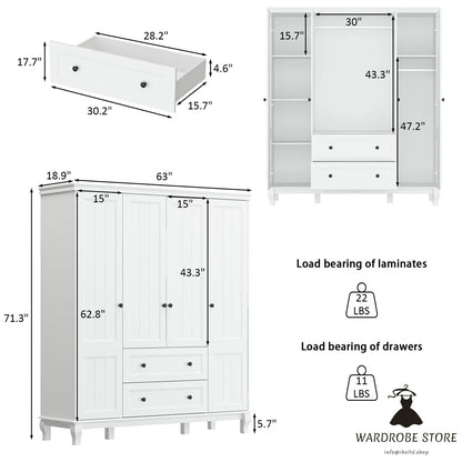 Wardrobe Armoire Garment Rack Closet with Storage Shelves and Drawers in White Finish for Bedroom
