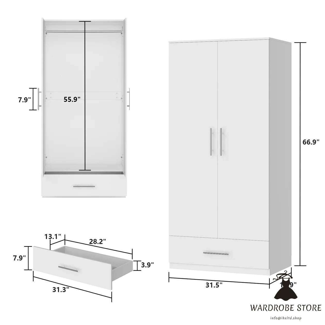 2-Door Wardrobe Cabinet with 1 Drawer Armoire for Bedroom Storage