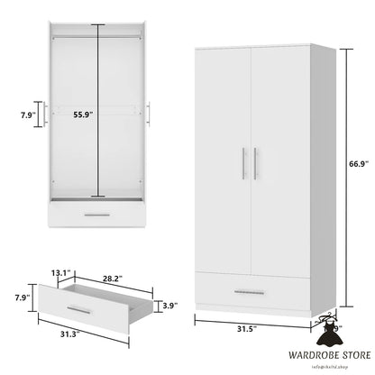 2-Door Wardrobe Cabinet with 1 Drawer Armoire for Bedroom Storage